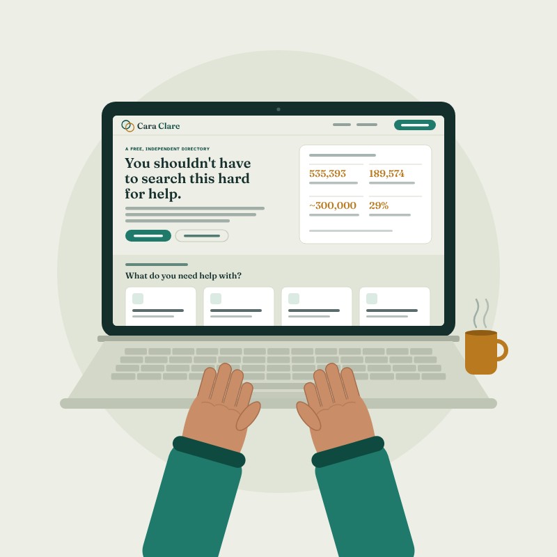 Illustration of hands typing on a laptop showing the Cara Clare website